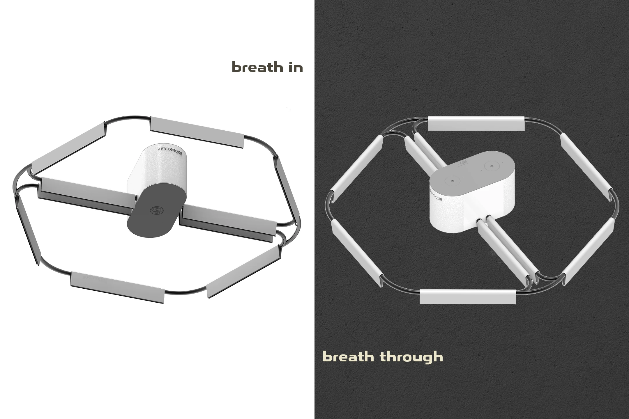 Two Aerionique product views showing the central intake and perimeter airflow outlets