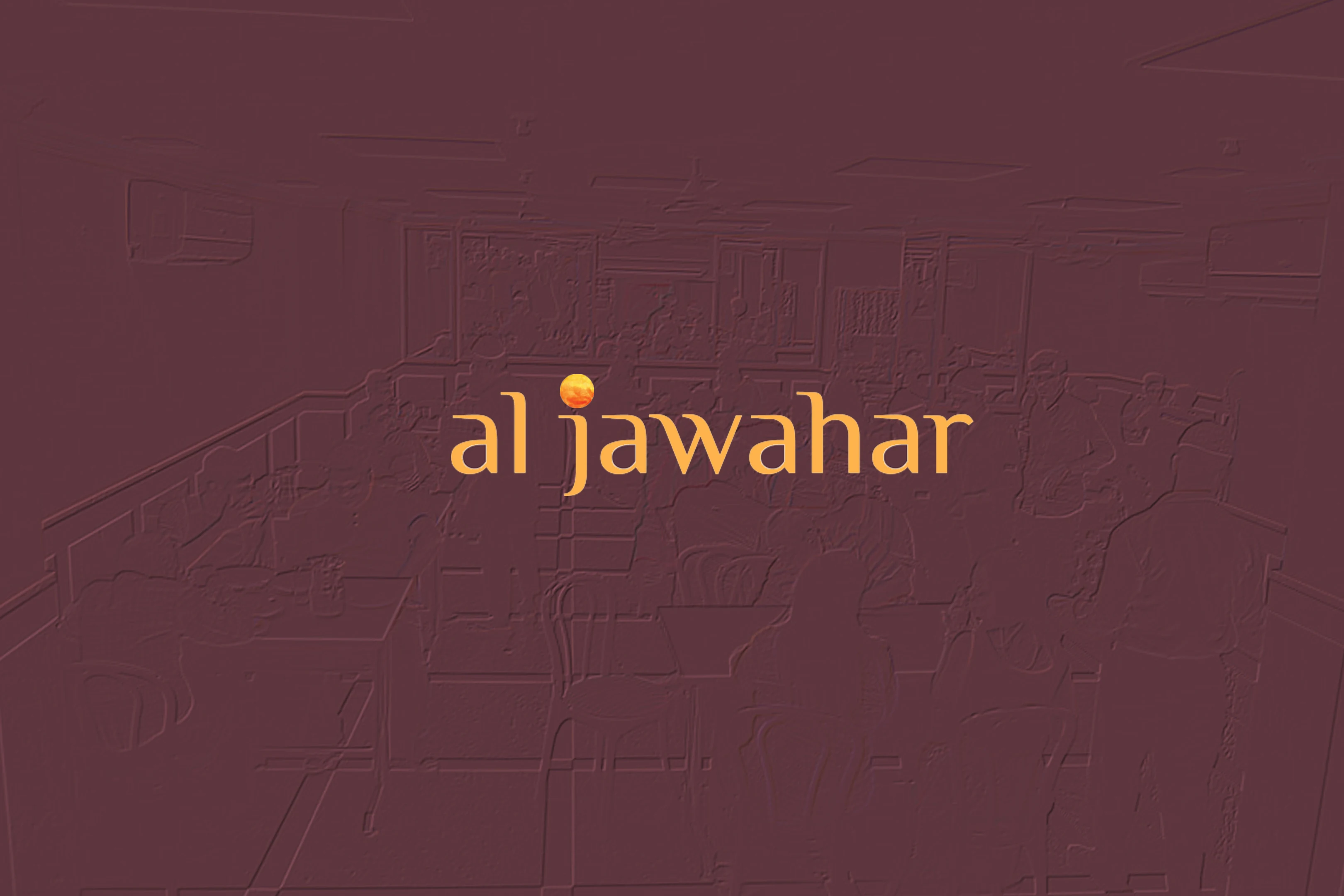 Final Al Jawahar wordmark in gold over a burgundy dining-room texture