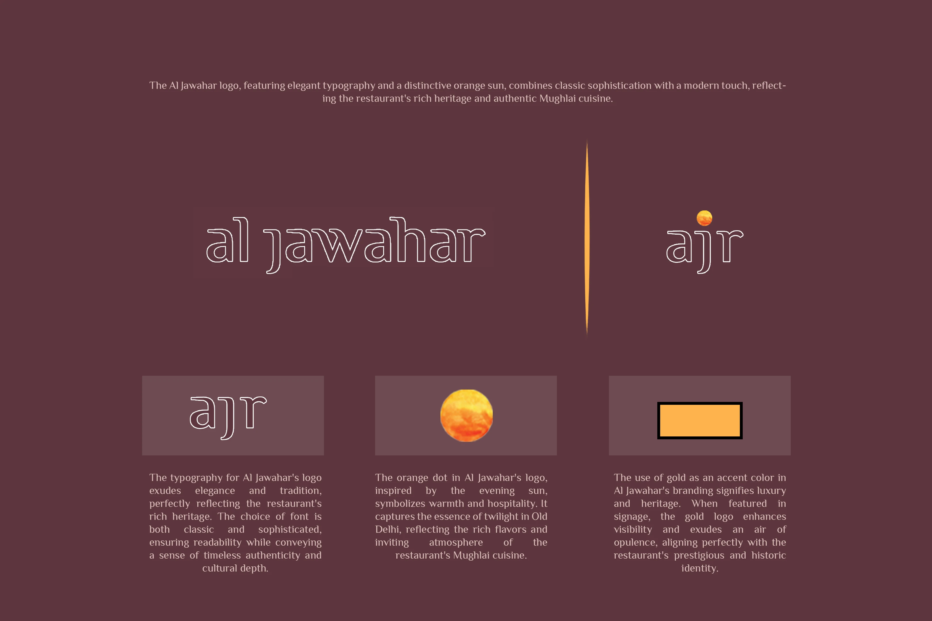 Brand rationale board explaining the typography, orange sun and gold accent
