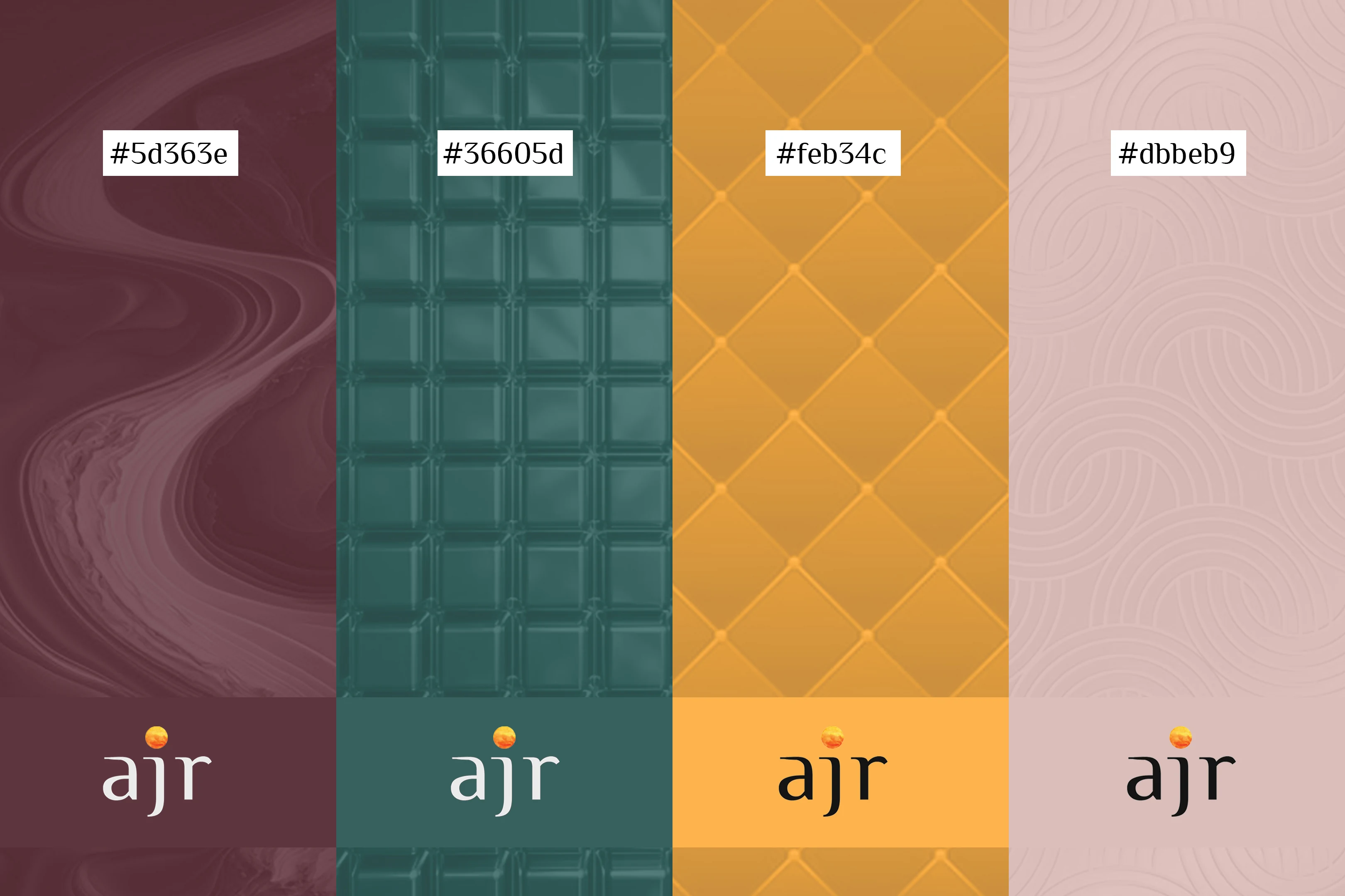 Al Jawahar colour palette in burgundy, teal, gold and blush with AJR logomark applications