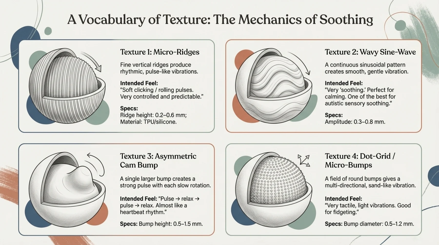 Four texture studies comparing micro-ridges, sine waves, an asymmetric bump and a dot grid
