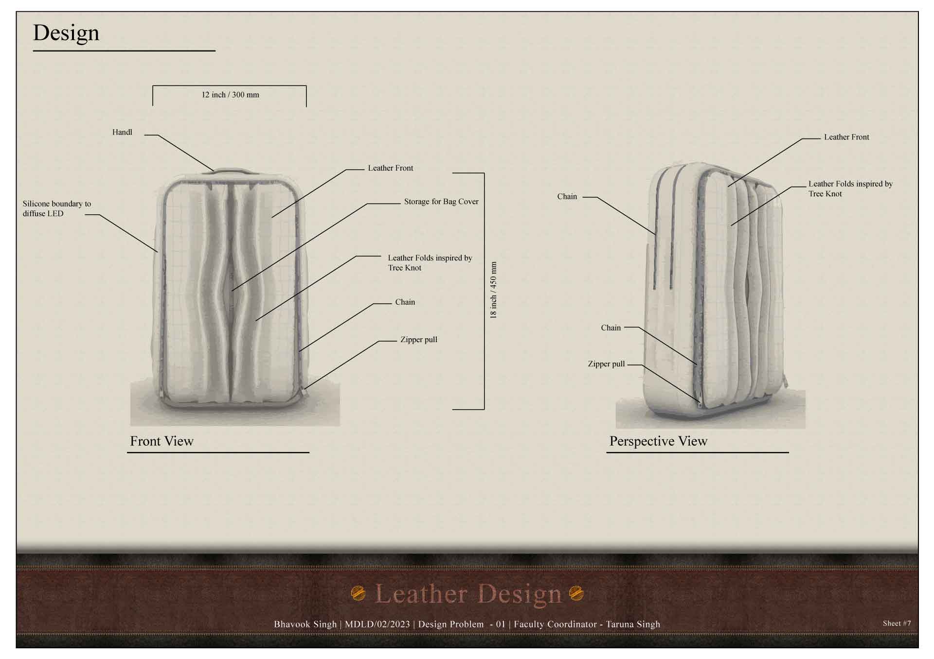 Annotated front and perspective views of the leather backpack