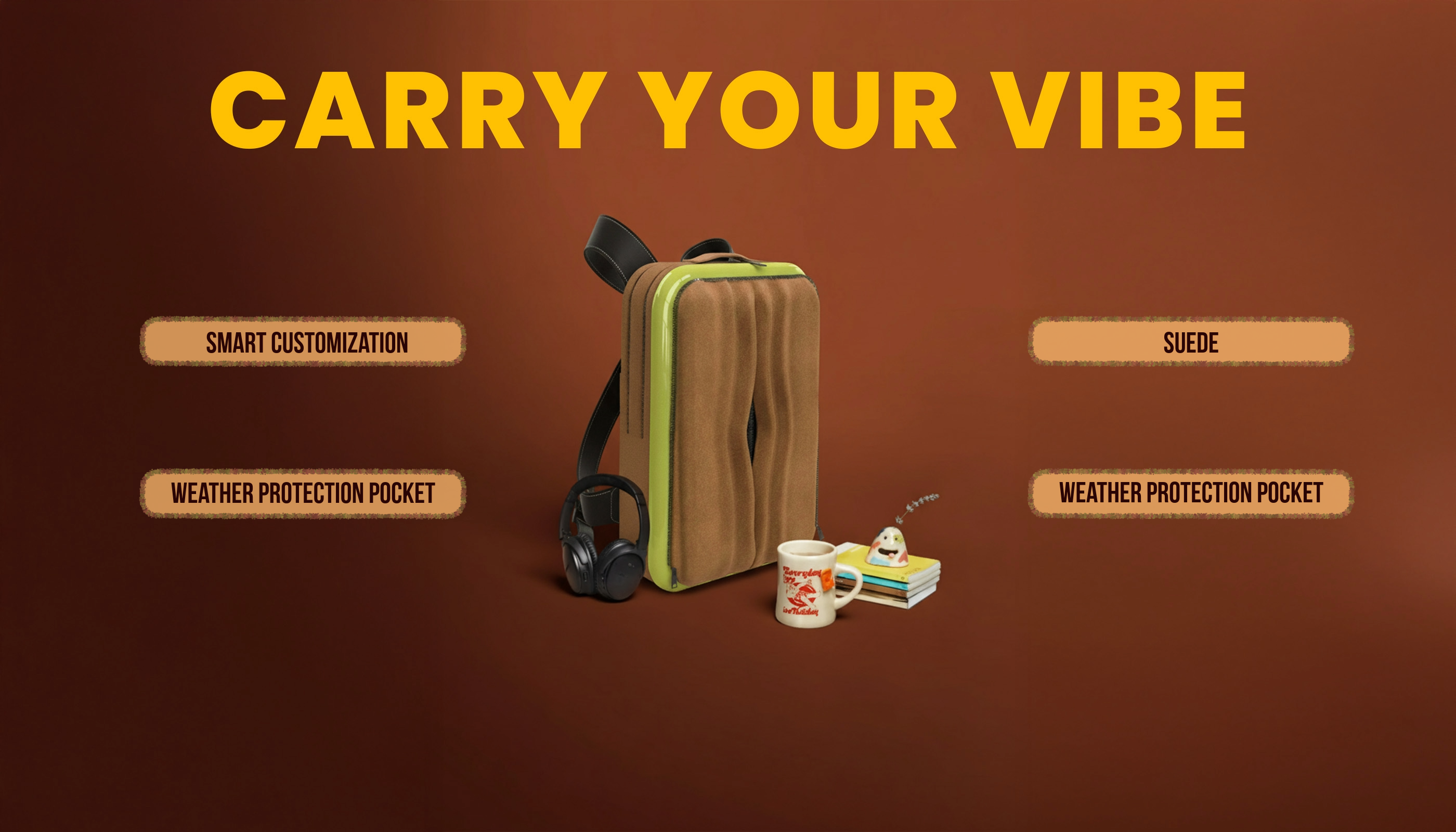 Compact backpack shown with headphones, a mug and notebooks, with feature callouts
