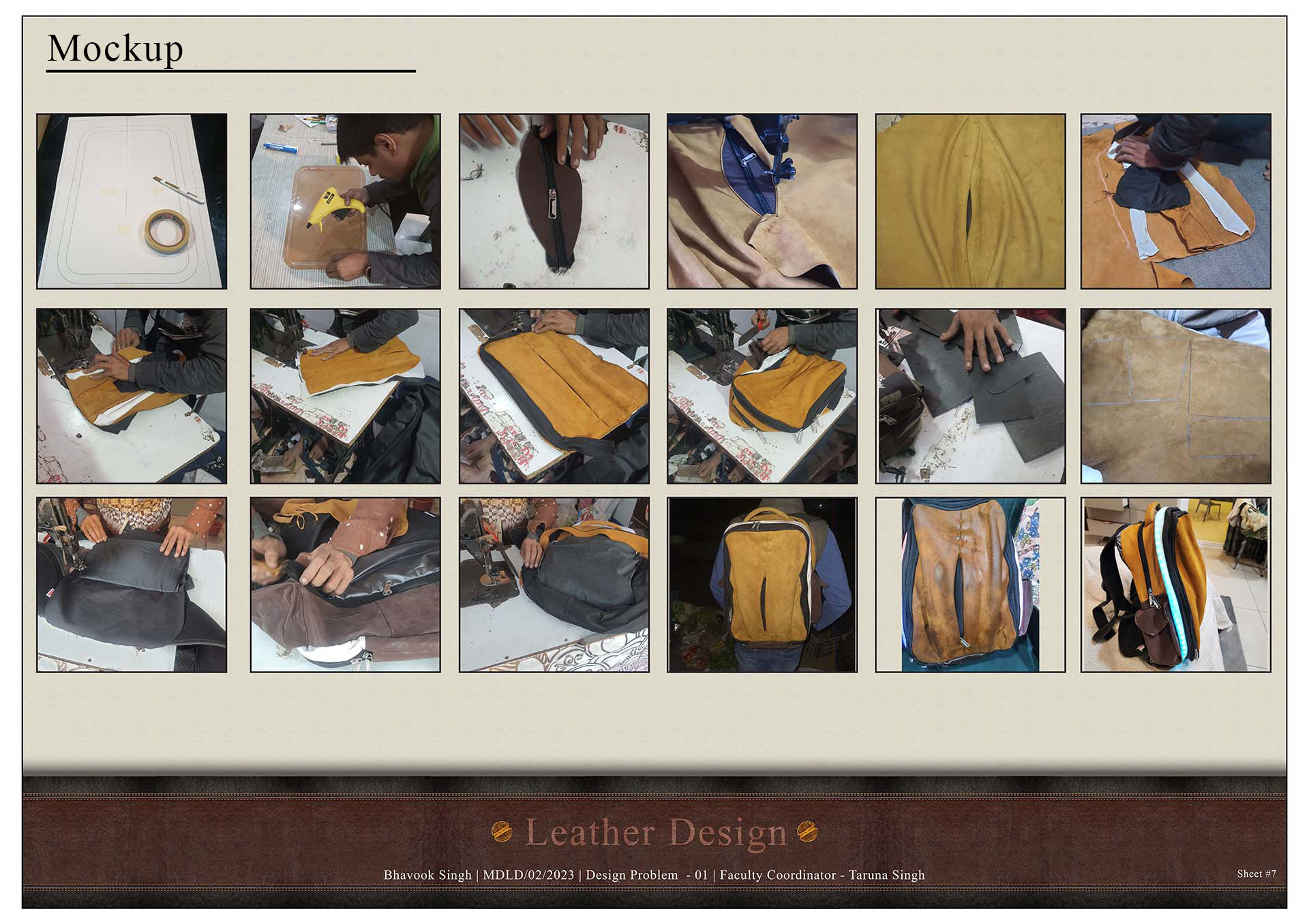 Photo sequence documenting pattern making, cutting, sewing and assembly of the backpack mock-up