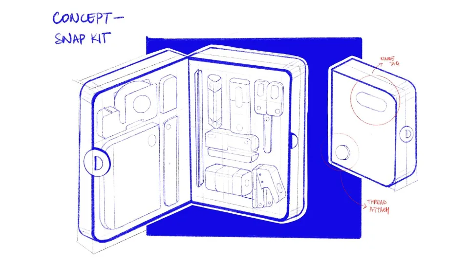 Snap-It stationery kit and tool sketches