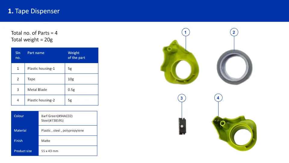Tape dispenser teardown with four parts, material and finish data