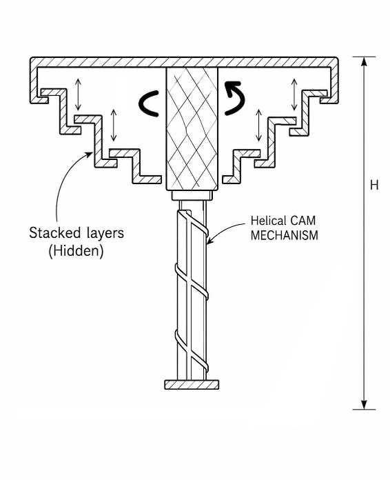 Section study showing stacked plates and helical cam mechanism