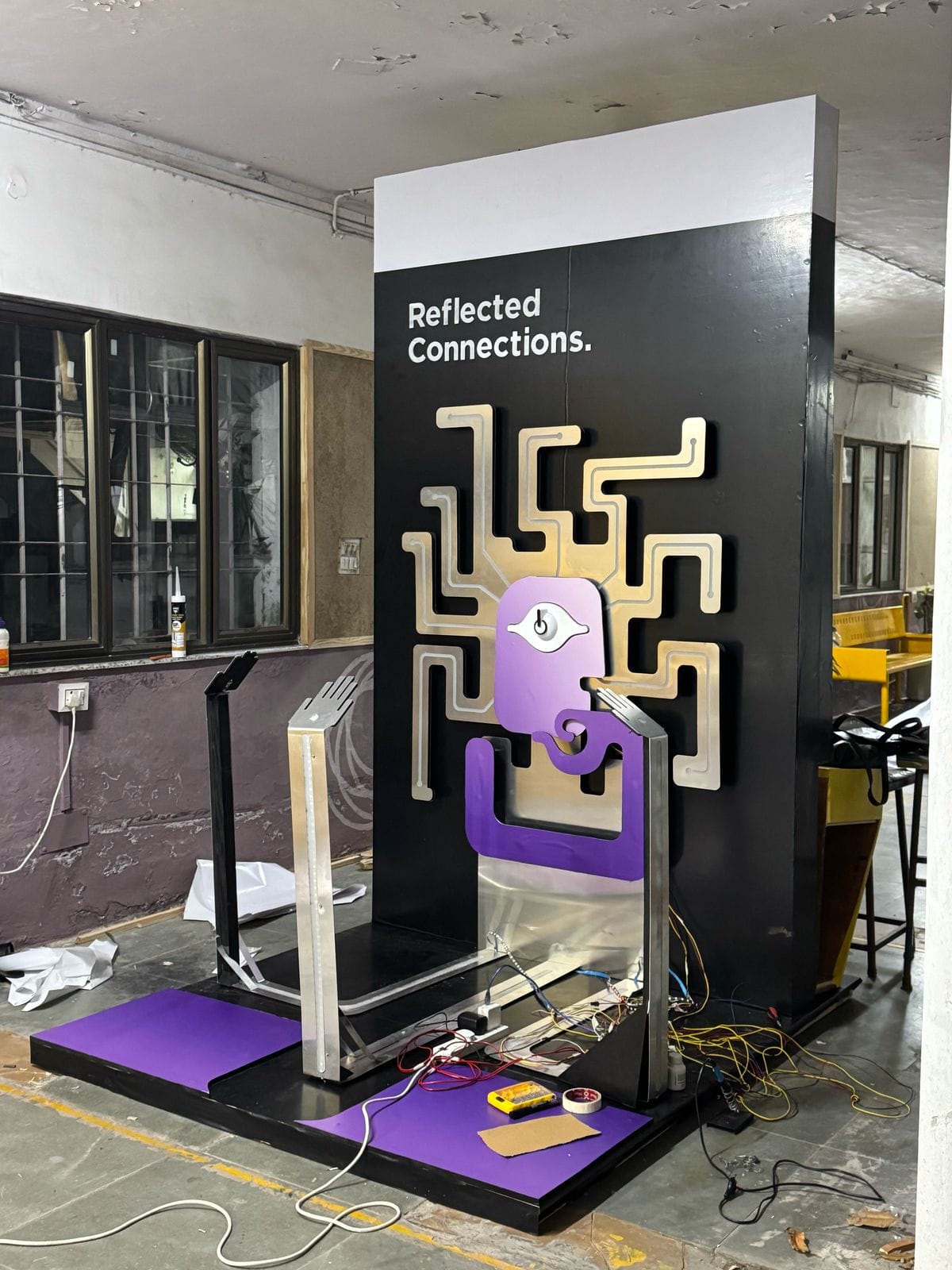 Reflected Connections assembled at college with exposed wiring during testing