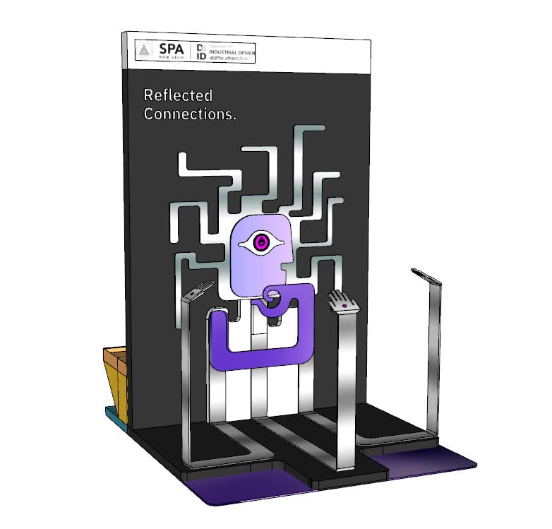 Early 3D concept for Reflected Connections showing the central eye, branching light paths and three hand poles
