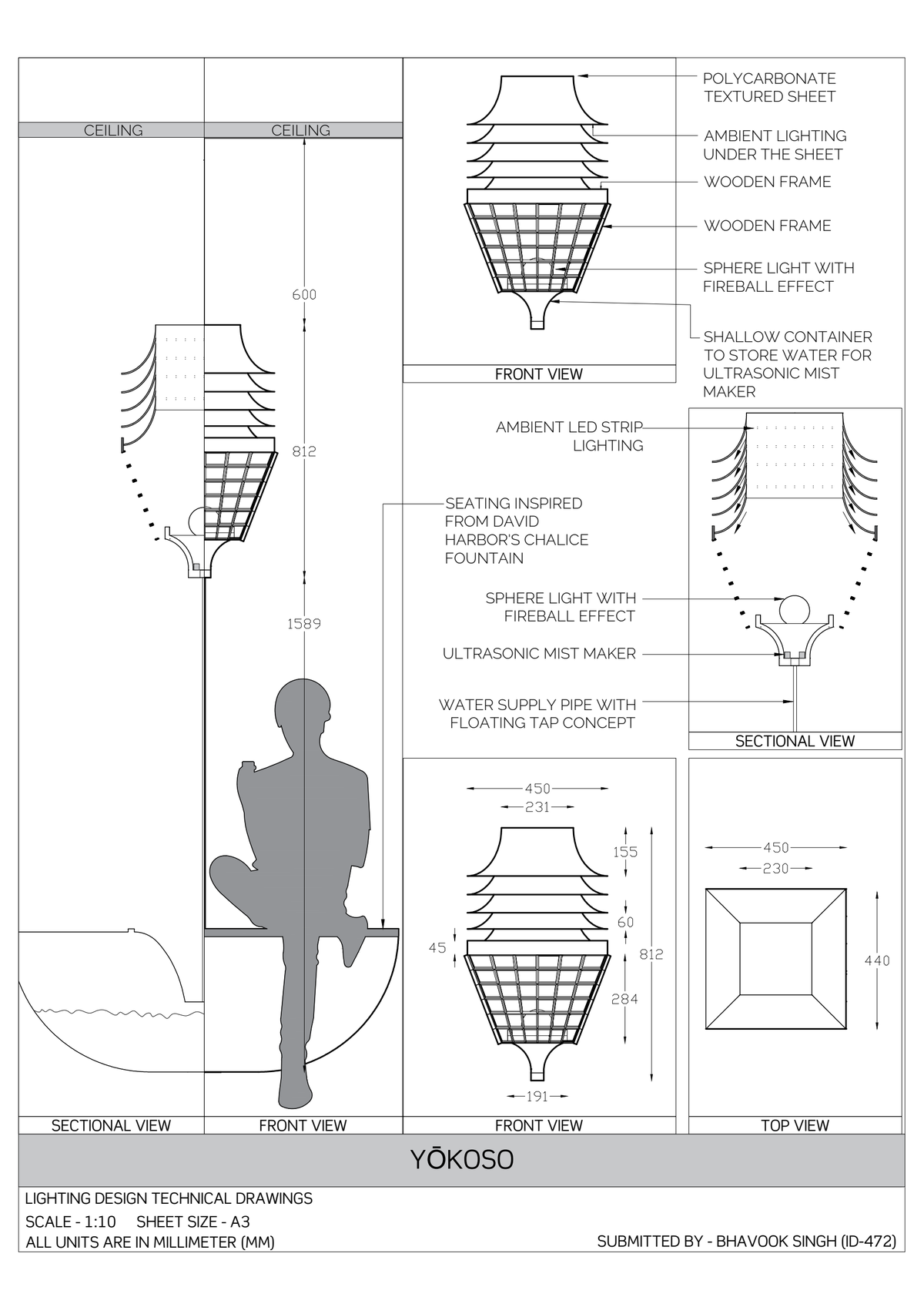 Nirva Flow technical concept drawing with front, section and top views
