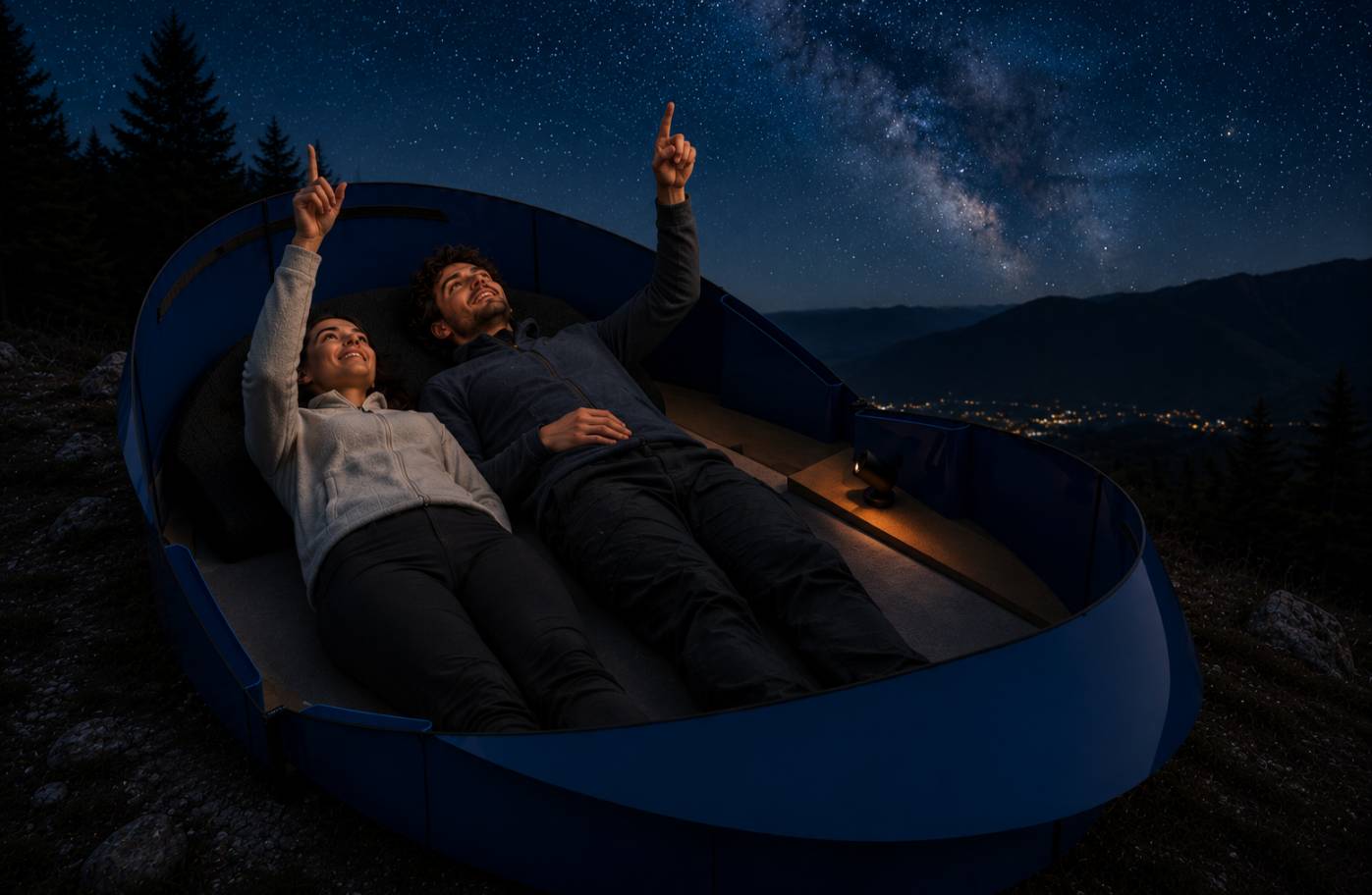 Two people lying inside STARRI and pointing toward the Milky Way