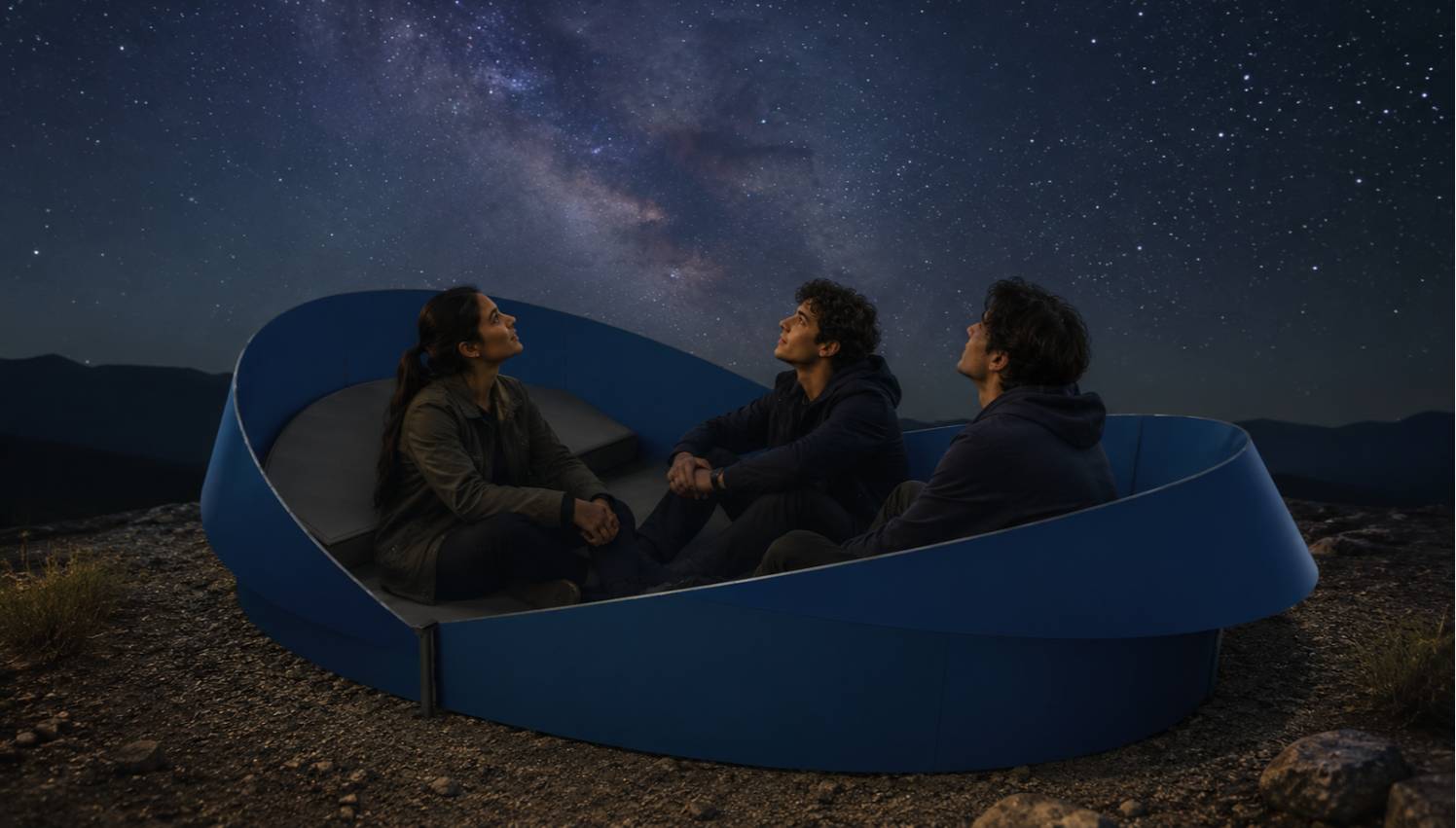 Three people sitting together inside STARRI under the night sky